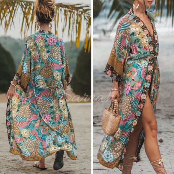 New Floral Bohemian Peacock Kimono Duster Jacket Robe Swim Cover - Picture 3 of 13